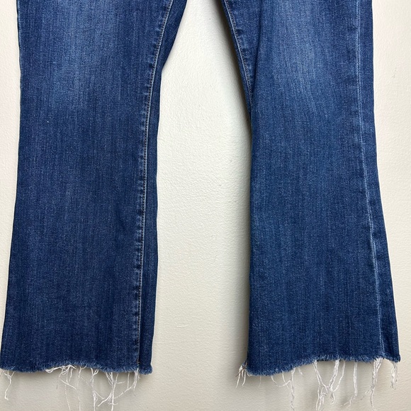 LOFT The Kick Crop High Waist Flare Deconstructed Hem 10 Dark Wash Distressed - Picture 10 of 15